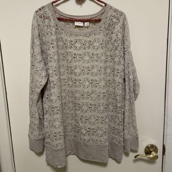 Chico’s Womens Beige Noel Novelty Texture Tunic Top w/ Knit Trim Size 2 Large - Picture 1 of 6